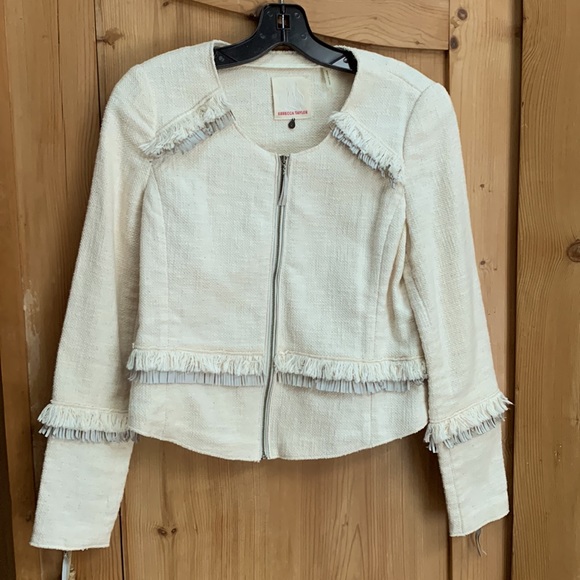 Rebecca Taylor Tweed Look Cotton Fray Fringe Raw Edge Leather Blazer Jacket Sz 6 - Picture 16 of 16